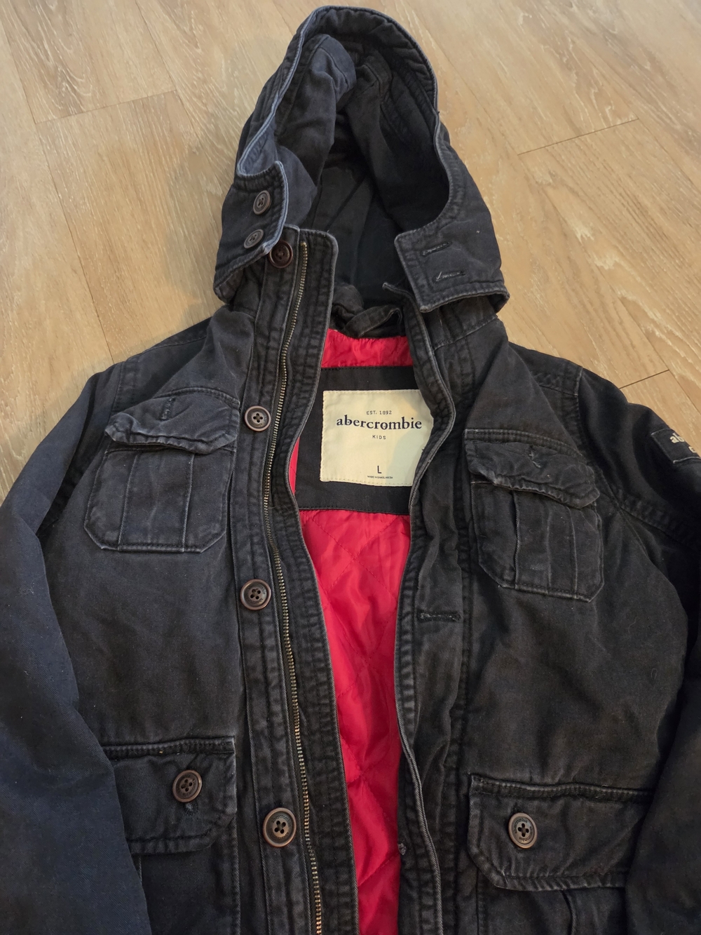 Abercrombie Youth L Black Hooded Utility Jacket with Red Lining